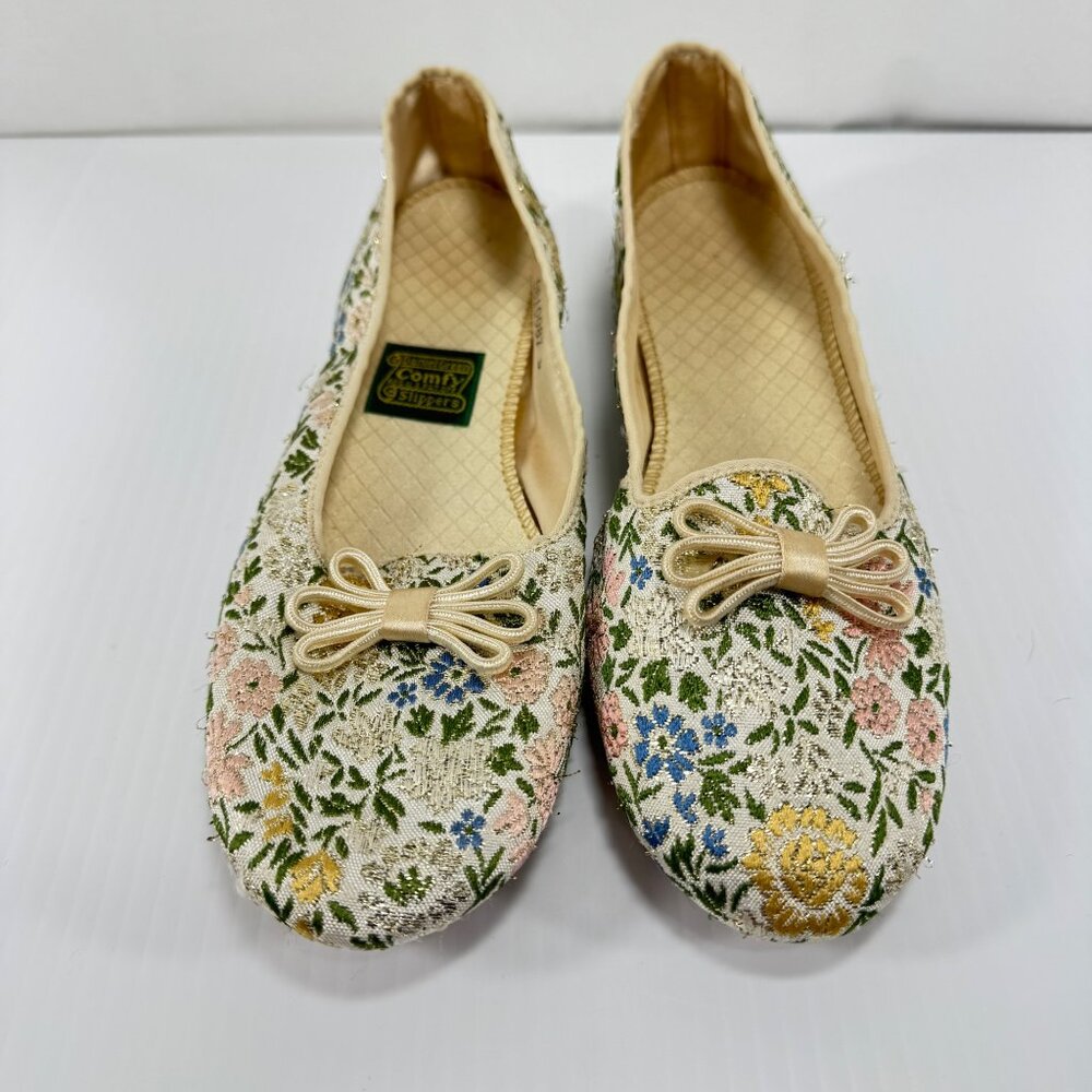 Vintage Daniel Green Slippers Womens 6 1/2 B Lotus Satin Lined Floral Brocade Ta - Picture 2 of 16
